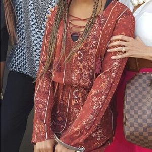 Print lace up romper